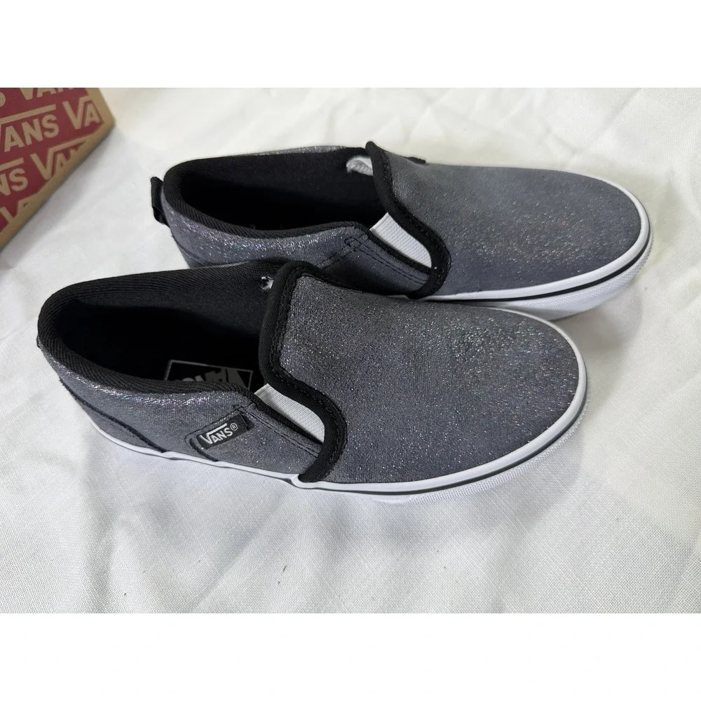 Vans Asher Slip On Shoes Girls 13 Shimmer Black Glitter Sneakers New Box
